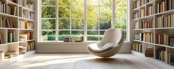 Home library with bookshelves on the wall, panoramic windows..