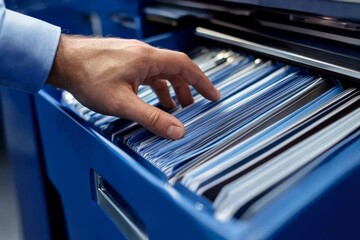 An auditor meticulously inspects and reviews organized files as part of the business compliance process, ensuring the accuracy and integrity of financial records and thorough evaluations are achieved