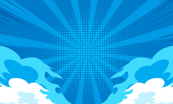 blue comic background with cartoon clouds