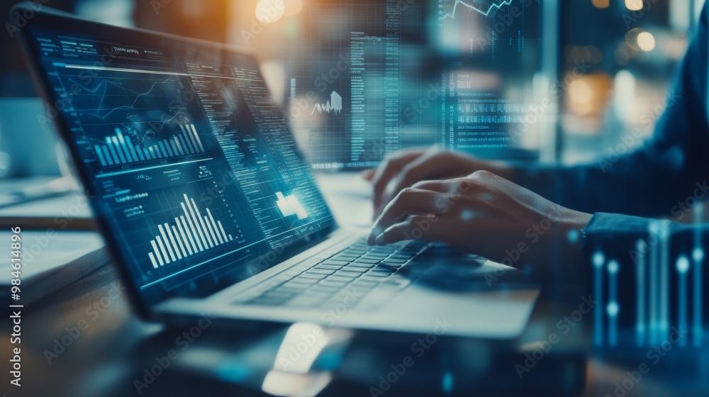 Poster tech-driven financial advisory. business team collaborating with digital tools and reports
