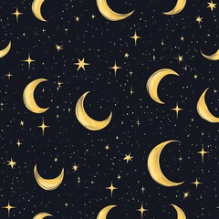 Naklejka premium Celestial Mystical Night - Seamless Pattern with Golden Stars and Crescent Moons on Dark Starry Sky Background for Luxury Branding, Wallpapers, Textiles