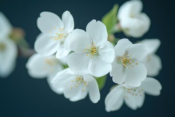 Obraz premium Close-up of delicate white cherry blossoms with yellow centers against a dark blue background.