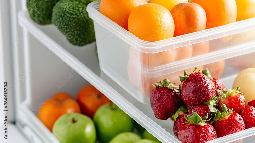 Poster color-coded refrigerator organization - efficiently arranged groceries and fresh ingredients in neat