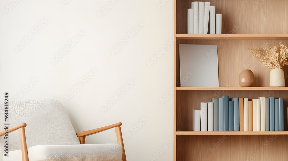 Poster elegant bookshelf display - cozy reading nook with symmetrically arranged books and decorative eleme