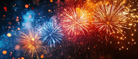 Fototapeta premium Vibrant Fireworks Display Against Dark Starry Sky