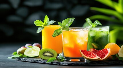 Fototapeta premium Vibrant Fresh Fruit Platter on Black Background with Abundant Slices of Citrus and Mint Garnish.