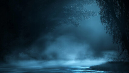 Fototapeta premium Dark, foggy forest scene with a mysterious atmosphere, perfect for spooky, horror, and fantasy-themed visuals. 