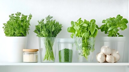 Fresh Herbs and Kitchen Essentials Organized in Transparent Containers - Neat and Tidy Minimalist Kitchen Shelves for Healthy Meal Prep Inspiration