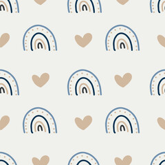 Cute seamless boho pattern with hand-drawn rainbows. Children's textiles.