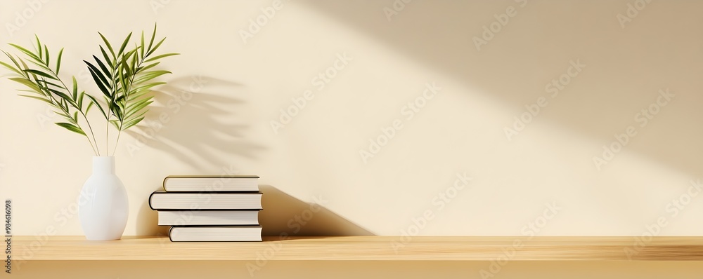 Poster neatly stacked books on minimalist shelf - stylish organization for any room with clean lines and ha