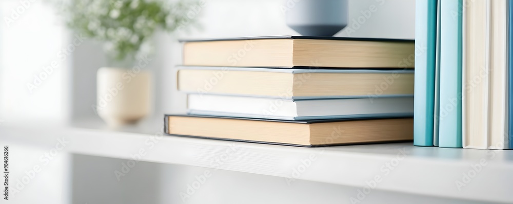 Poster elegant alphabetized hardcover book collection on sleek shelf - aesthetic bookends and clean lines c