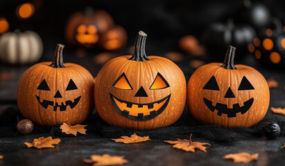 Obraz premium Three pumpkins with fun and spooky faces on a background of scattered autumn leaves and decorative lights emphasize the festive atmosphere of Halloween
