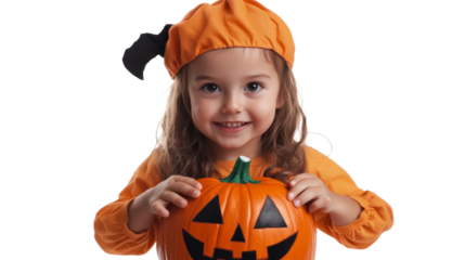 A smiling girl in an orange pumpkin costume holds a carved pumpkin, embodying the festive spirit of Halloween., isolated on background.