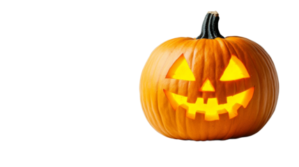 A carved Halloween pumpkin with a cheerful expression, glowing from within against a black background., isolated on background.