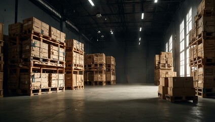 Spacious warehouse interior with stacked pallets and bright lighting.
