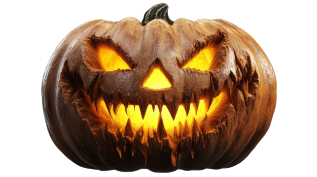 A menacing jack-o'-lantern with glowing eyes and sharp teeth, embodying the spooky spirit of Halloween against a dark background., isolated on background.