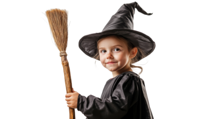 A young child dressed as a witch, smiling while holding a broomstick, against a black background., isolated on background.