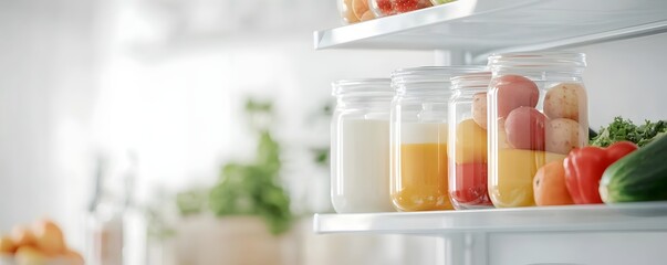 Organized Fridge Shelves with Dairy Products and Fresh Vegetables - Clean and Minimalist Kitchen Setup in Clear Containers for Optimal Storage and Aesthetic Appeal