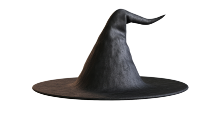 A tall, pointed black hat, typically associated with witches, with a wide brim, set against a dark background., isolated on background.