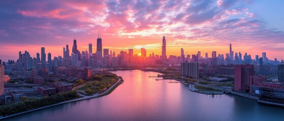 Fototapeta premium Stunning Sunset City Skyline with Vibrant Colors and Reflected Water