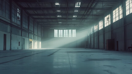 A large open space inside an empty and abandoned industrial warehouse. Abandoned Warehouse. Illustration