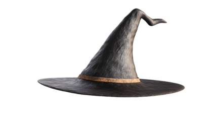 A pointed black witch hat with a slight curve and a gold band, set against a dark background., isolated on background.