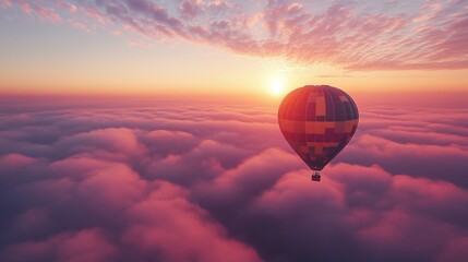 A colorful hot air balloon floats above a sea of pink clouds as the sun sets on the horizon.