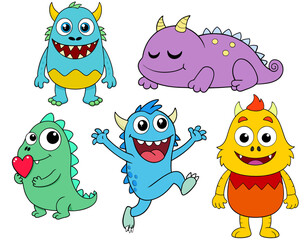 Fototapeta premium Five Adorable Monsters in Fun Poses