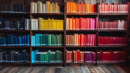 Fototapeta premium Rainbow of Knowledge A Colorful Library Shelf Displayed in Warm Lighting, Books, Literature, Reading