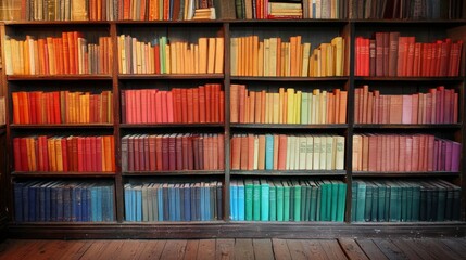 Obraz premium Rainbow of Books on a Wooden Bookshelf, Bookshelf , Library, Color Palette