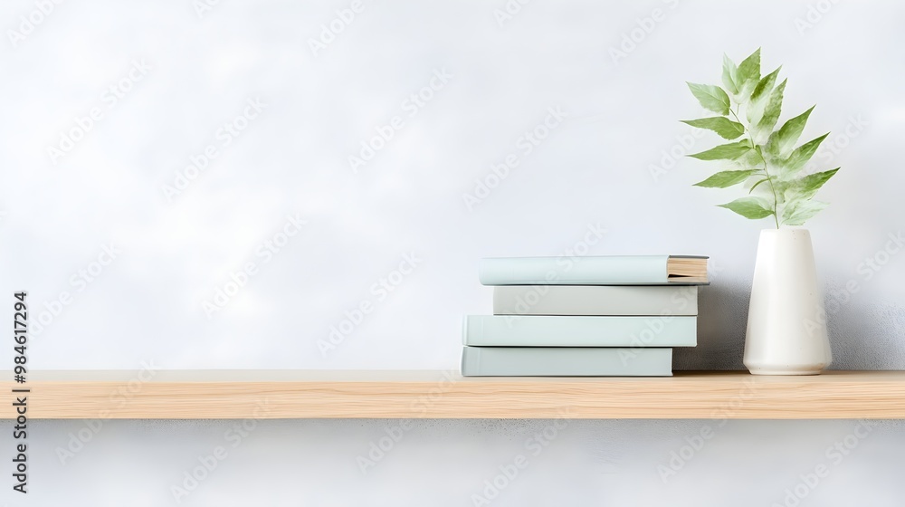 Poster minimalist bookshelf organization - neatly stacked color-coordinated books on a wooden shelf creatin
