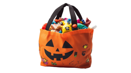 A cheerful orange Halloween tote bag adorned with a jack-o'-lantern face, filled with colorful treats and craft supplies for festive celebrations., isolated on background.