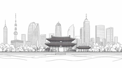 Obraz premium A line art vector illustration of the seoul skyline. City Skyline. Illustration