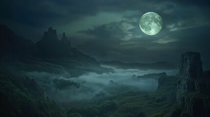 Fototapeta premium A full moon illuminates a foggy, mountainous landscape with a distant, shadowed castle.