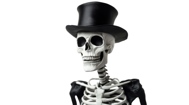 A stylish skeleton in a black top hat poses against a dark background, exuding a whimsical, spooky charm perfect for Halloween themes., isolated on background.