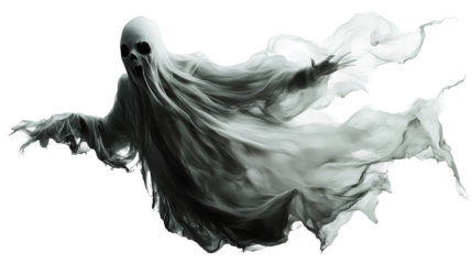 A spectral figure draped in tattered gray cloth floats eerily against a black background, embodying classic ghostly imagery., isolated on background.