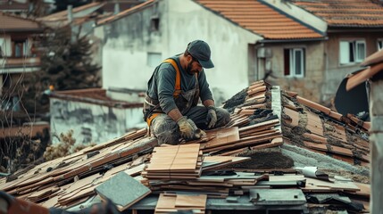 A master in a uniform and helmet repairs tiles on the roof of a house. Roofing, repair and reconstruction