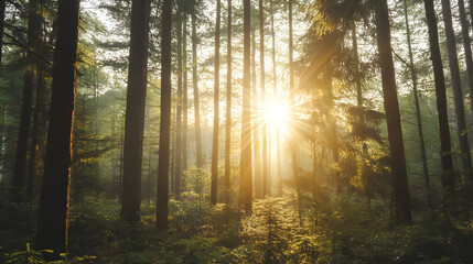 Fototapeta premium Sunlight peeking through tall trees in a forest.