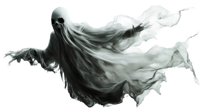 A spectral figure draped in tattered gray cloth floats eerily against a black background, embodying classic ghostly imagery., isolated on background.