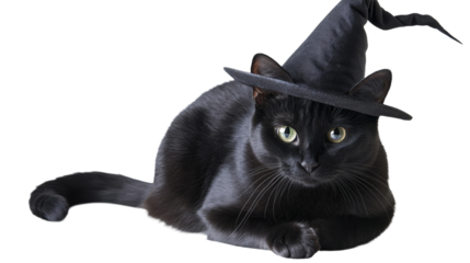 A black cat wearing a witch's hat, lounging comfortably against a dark background, exuding a mystical and whimsical charm., isolated on background.