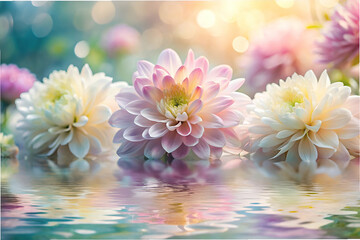 Fototapeta premium Three white and pink flowers are floating on the surface of a body of water