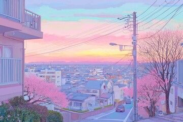 Vibrant pastel cityscape with rooftops, power lines, and colorful sunset sky