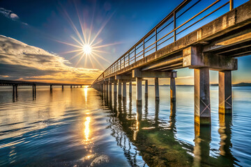 A pier with a bridge over a body of water