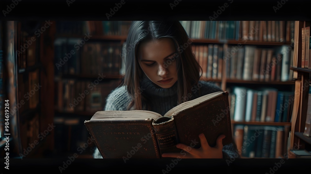 Poster student flipping through aged book with curiosity and doubt in library