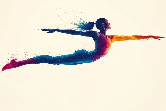 Parallel bars gymnast midswing minimalist design vibrant colors on a white background capturing the fluidity and precision of the motion