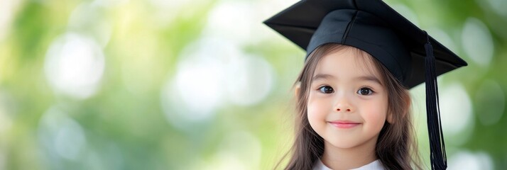 Asian young child dressed as a kindergarten graduate.