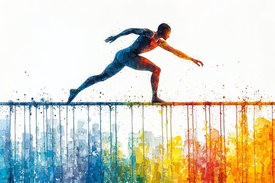 Parallel bars gymnast midswing minimalist design vibrant colors on a white background capturing the fluidity and precision of the motion