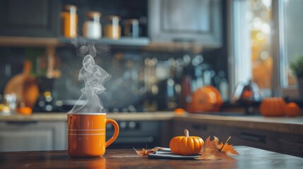 Steaming mug of hot beverage with small pumpkin and autumn leaves on kitchen table, cozy autumn concept