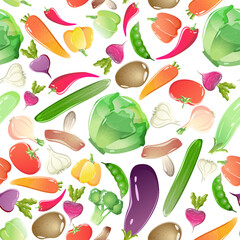 Bright veggies seamless pattern on a white background, vegetables illustrations in glass style. Design for textile, print for elements in kitchen .