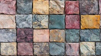 Fototapeta premium Colorful luxury interior and exterior brick block tile stone or cobblestone with ample copy space Abstract geometric architectural background texture pattern Beautiful horizontal close up macro to